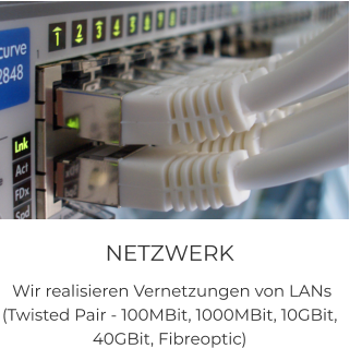 NETZWERK  Wir realisieren Vernetzungen von LANs  (Twisted Pair - 100MBit, 1000MBit, 10GBit, 40GBit, Fibreoptic)